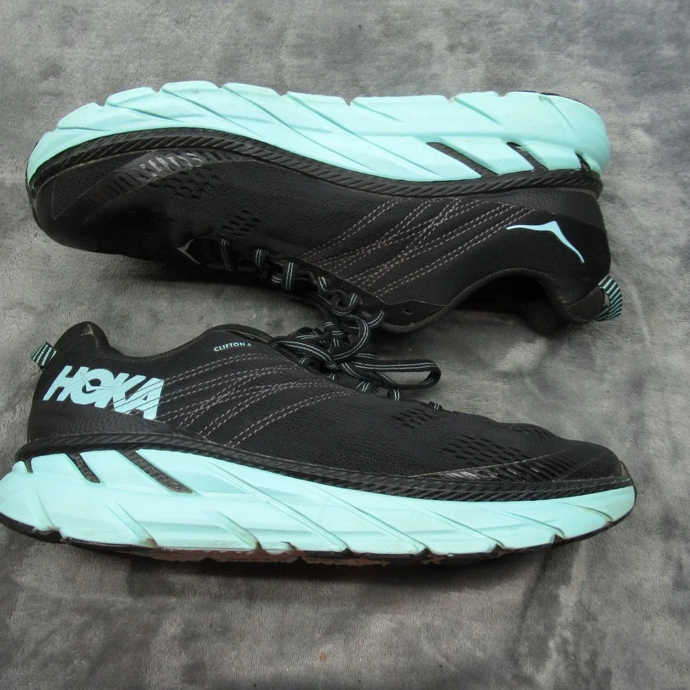 Hoka Clifton 6  Shoes Women 9.5 Black Aqua Low Sneaker‎ Lightweight Chunky Run